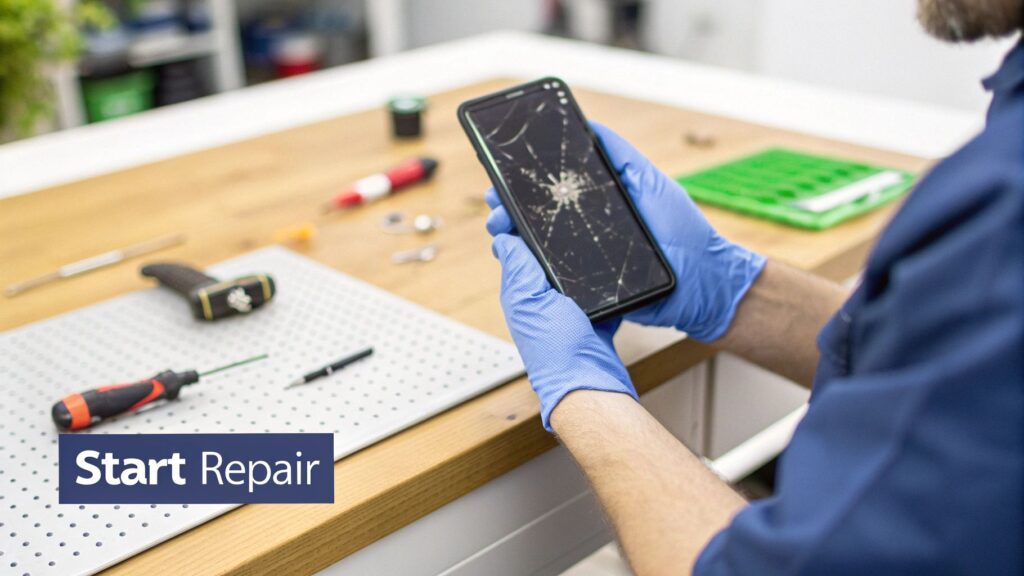 A cracked screen about to be replaced
