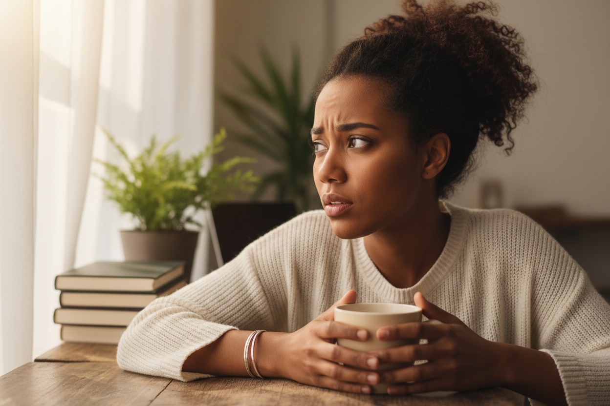 A concerned young Black woman holding a mug looks anxiously out a window.